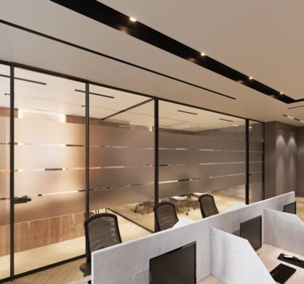 A modern London corporate office with a glass partition