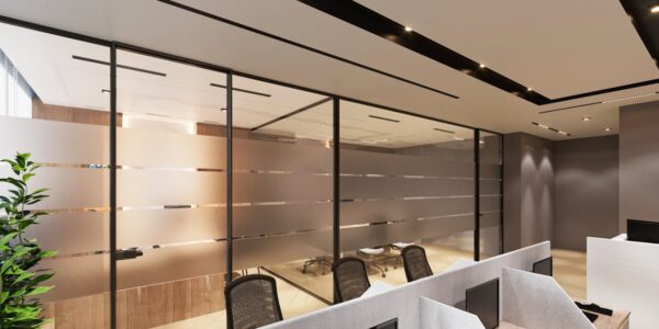 A modern London corporate office with a glass partition