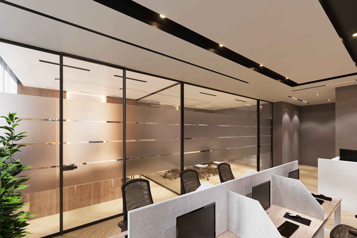 A modern London corporate office with a glass partition
